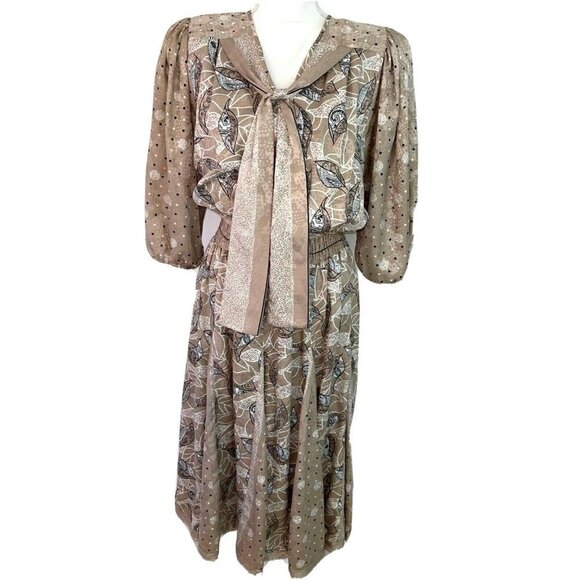 Diane Freis Georgette Dress Womens Vintage Mixed Print Elastic Waist Scarf Beige - Picture 1 of 15